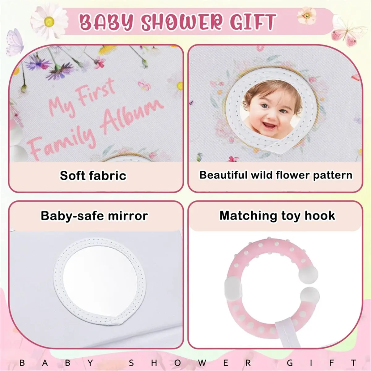 Album photo pour bébé avec miroir sécurisé, capacité de 17 photos 4 x 6 pouces, album familial, livre d'images pour tout-petits,
