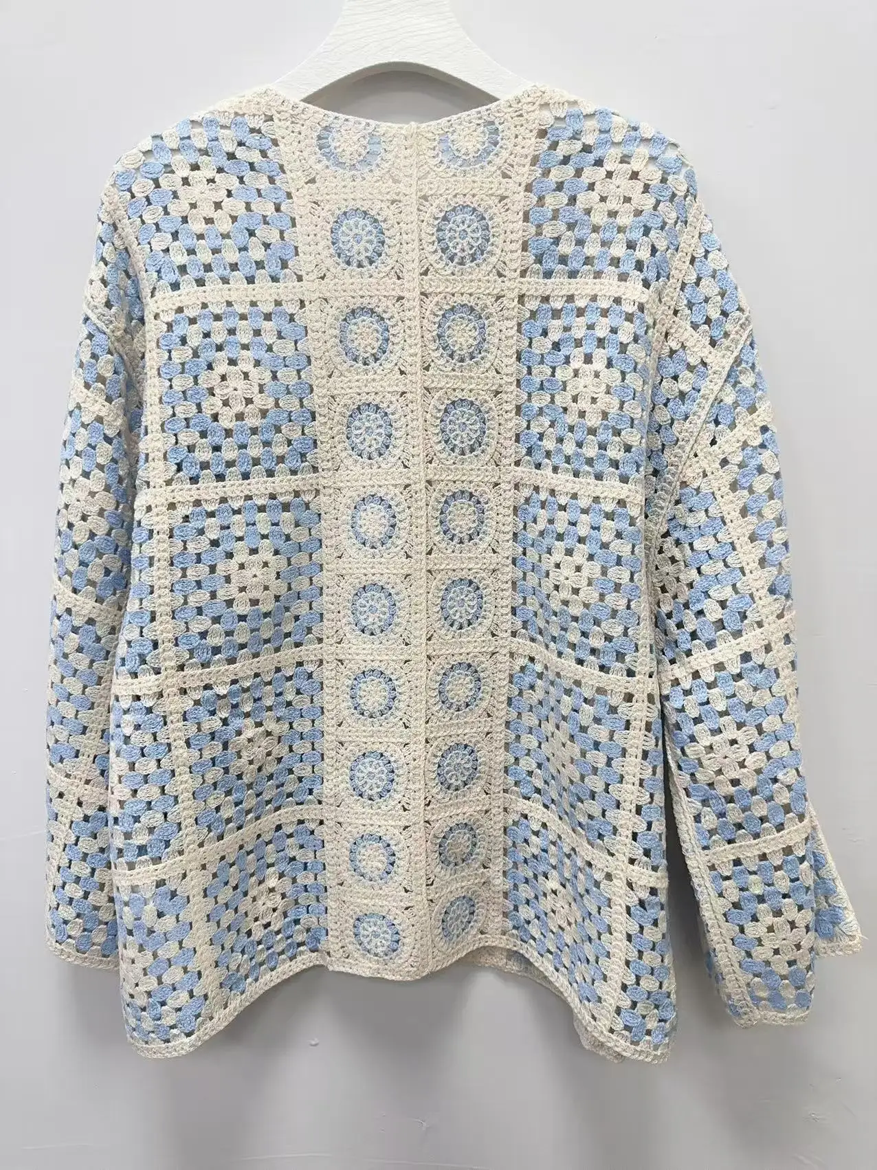 Retro Ethnic Style Contrast Color Crochet Hollow Out Cardigan V-neck Long Sleeve Knit Cardigan Women's Loose Knitwear