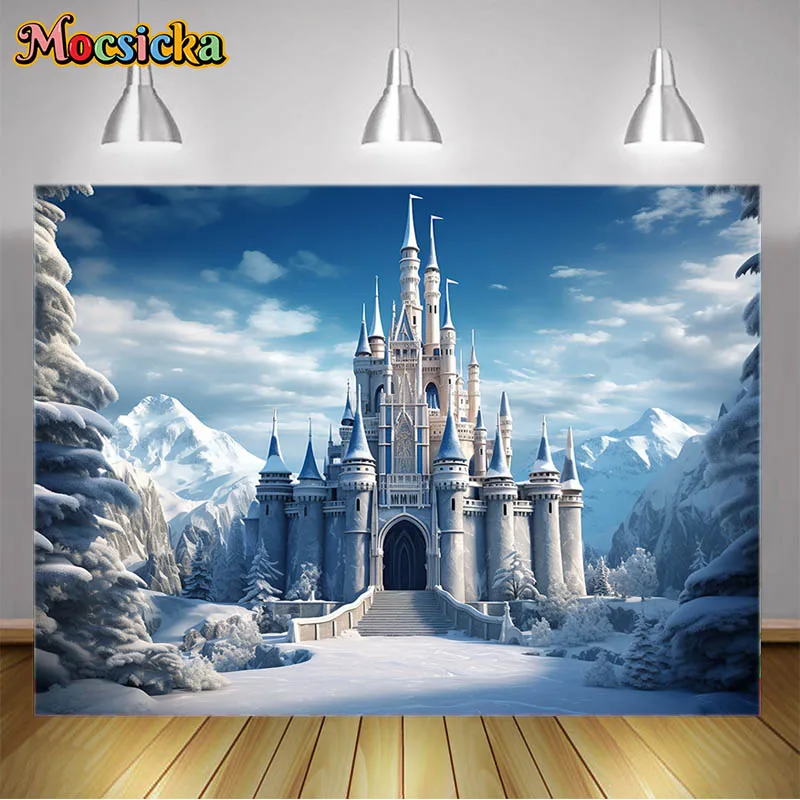 

Enchanted Castle Photography Backgrounds Kids Birthday Photo Backdrops Castle in the Snowy Mountains Photobooth Supplies