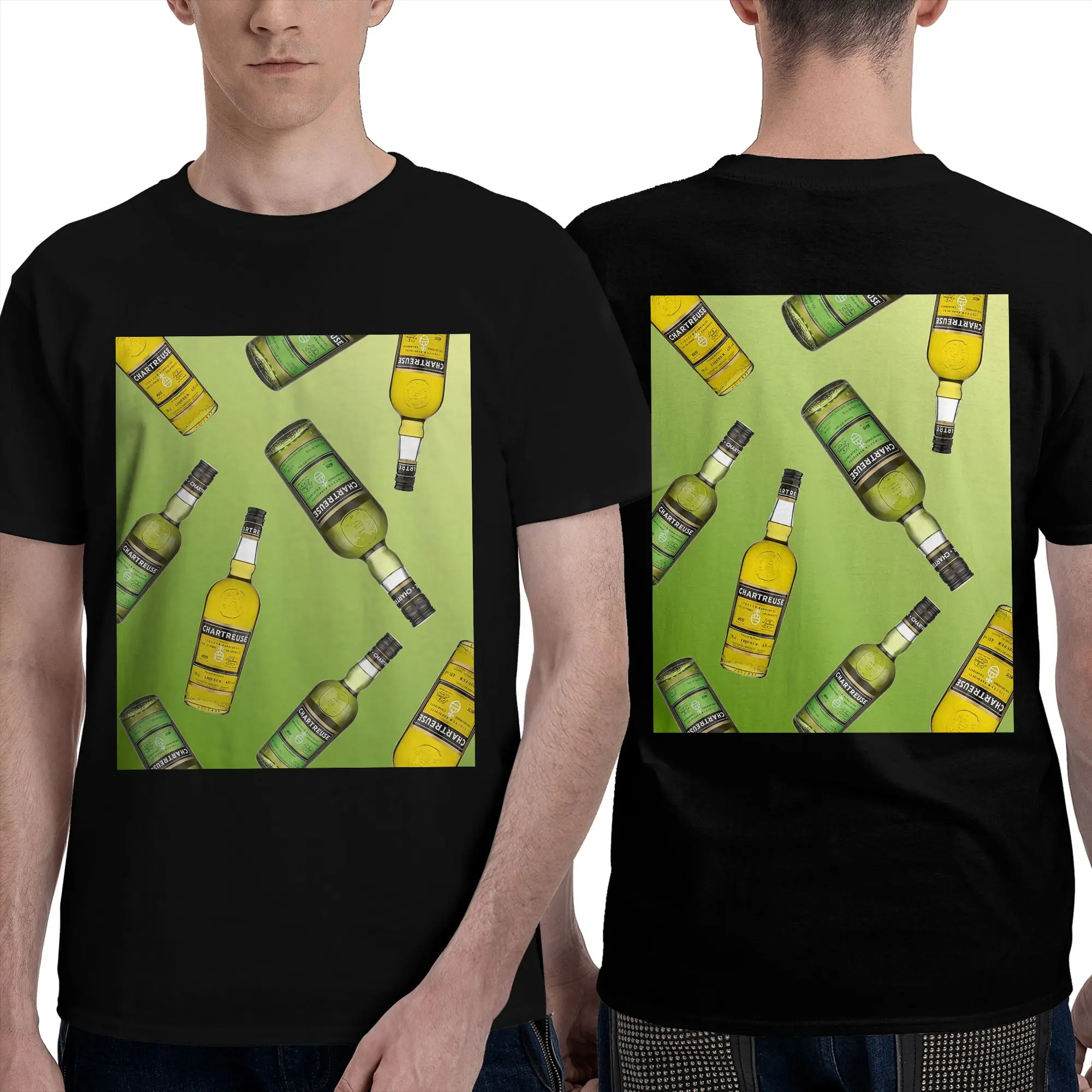 Camiseta de hombre con estampado de pintura al óleo de botella de Chartreuse verde, camisetas extragrandes de doble cara, camisetas de cuello redondo para hombre, camisetas cortas de verano para hombre