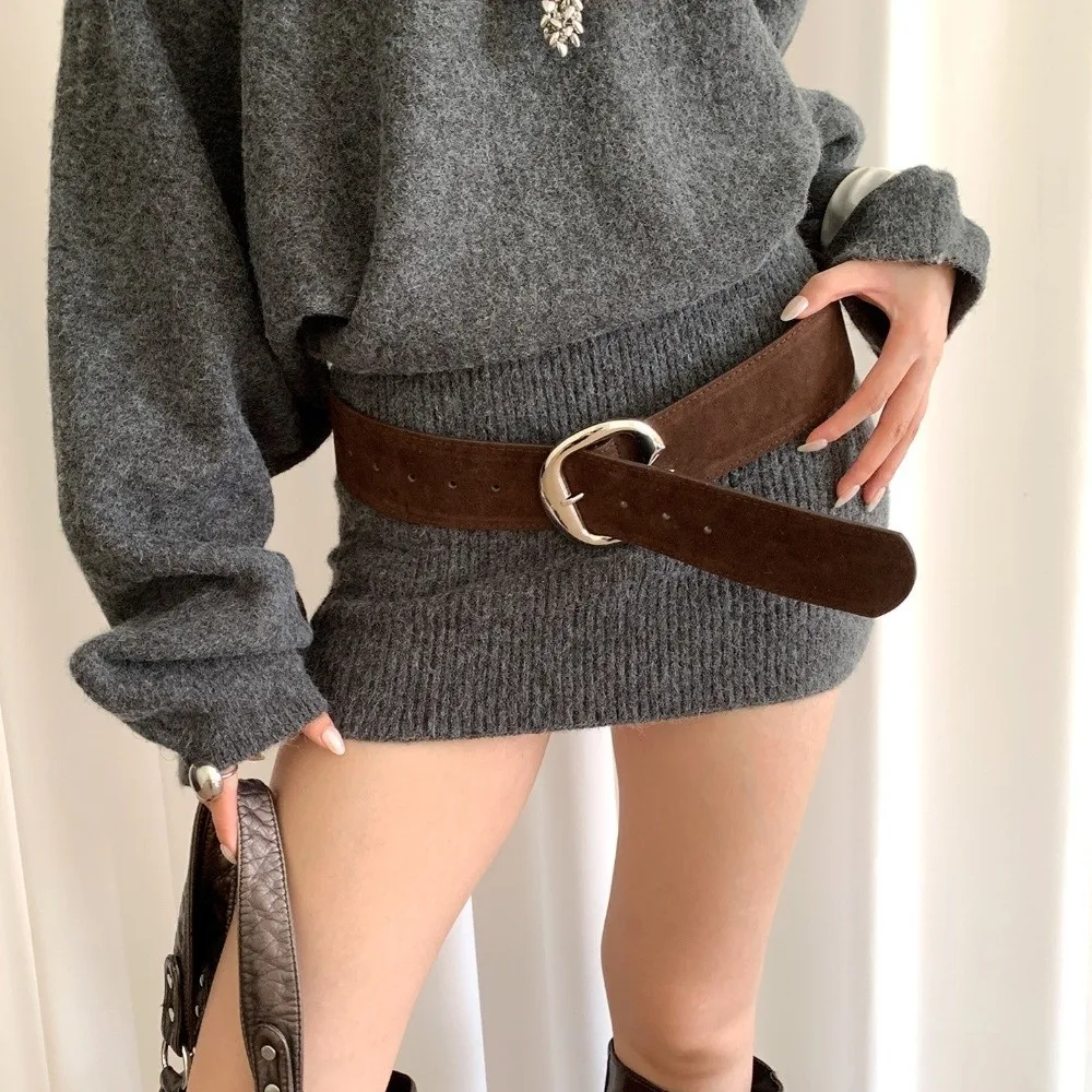 Functional Vintage Faux Suede Waist Belt Soft Coffee and Black Wide Waist Belt Large Oval Buckle Velvet Waistband Women