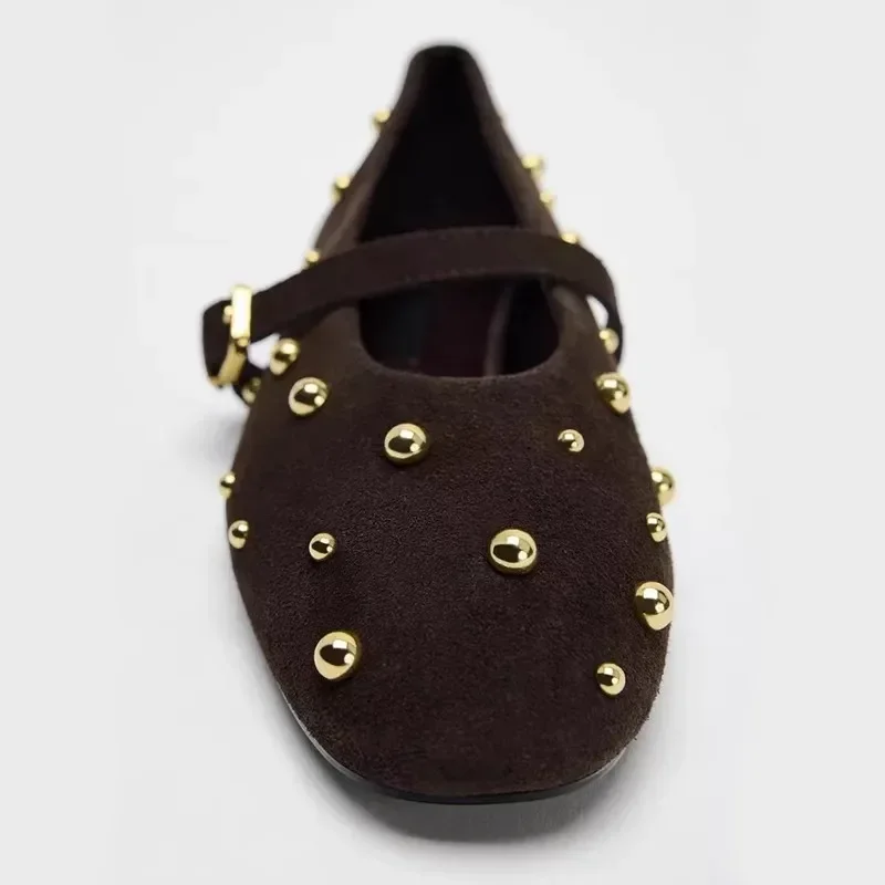 2024 Autumn Brand Mary Jane Shoes for Women Fashion Rivet Suede Classic Retro Brown Casual Soft Bottom Comfortable Ladies Flats
