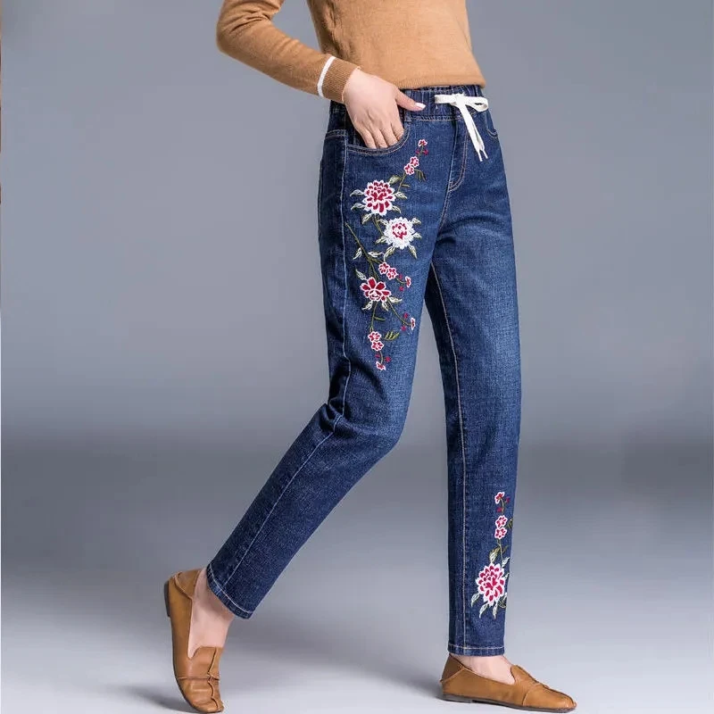 Lace Up Floral Embroidery Harem Jeans Women Streetwear Elastic High Waist Denim Pants Korean Vintage Casual Chic Kot Pantolon