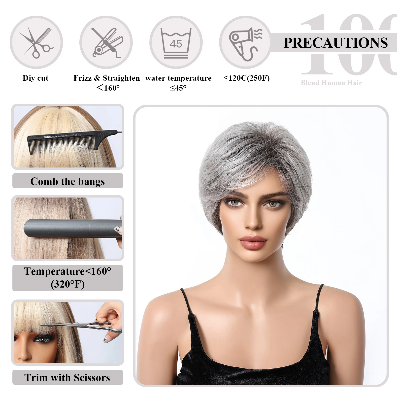 Women's Fashion Short Human Hair Blend Wigs Pixie Cut Space Ash Ombre Hair Fluffy Natural Wig With Bangs For Women Costume Party