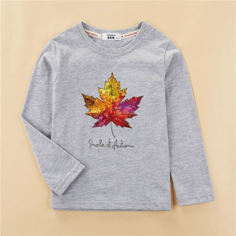 Autumn Maple Leaf T-Shirts Kids Long Sleeve Shirts Boys Fashion Print Tops Girls Spring Cotton Clothing 3-14T