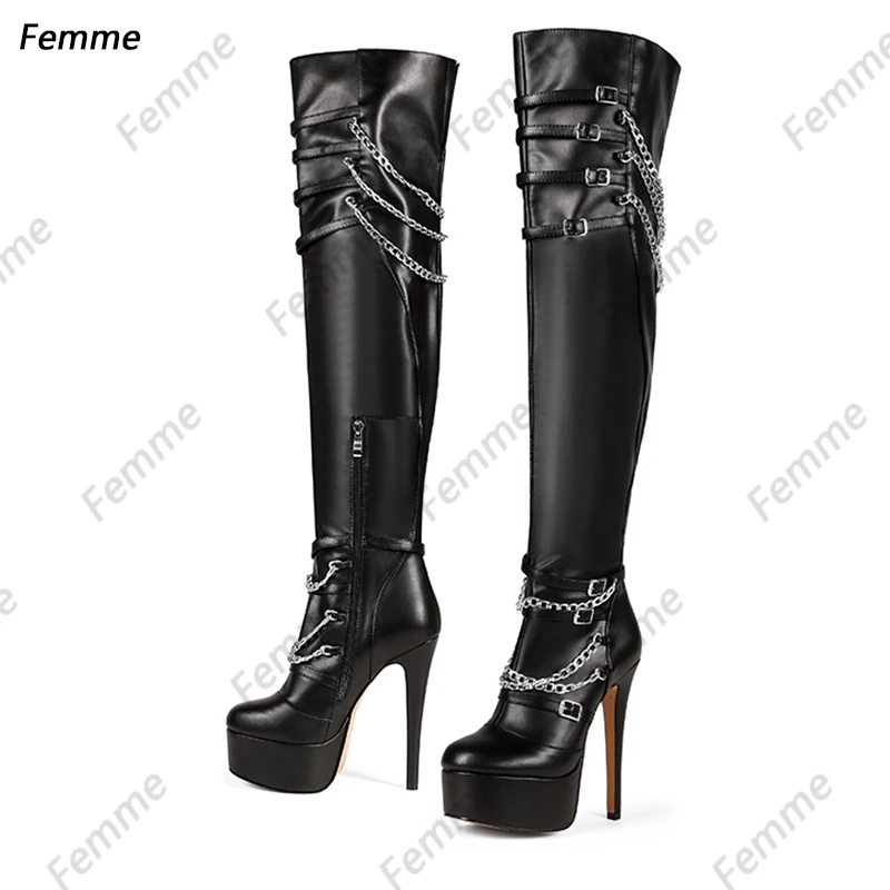 

Женские сапоги выше колена на платформе Femme — черная кожа с несколькими серебряными ремешками-цепочками и дизайном на высоком каблуке, размер 36-45
