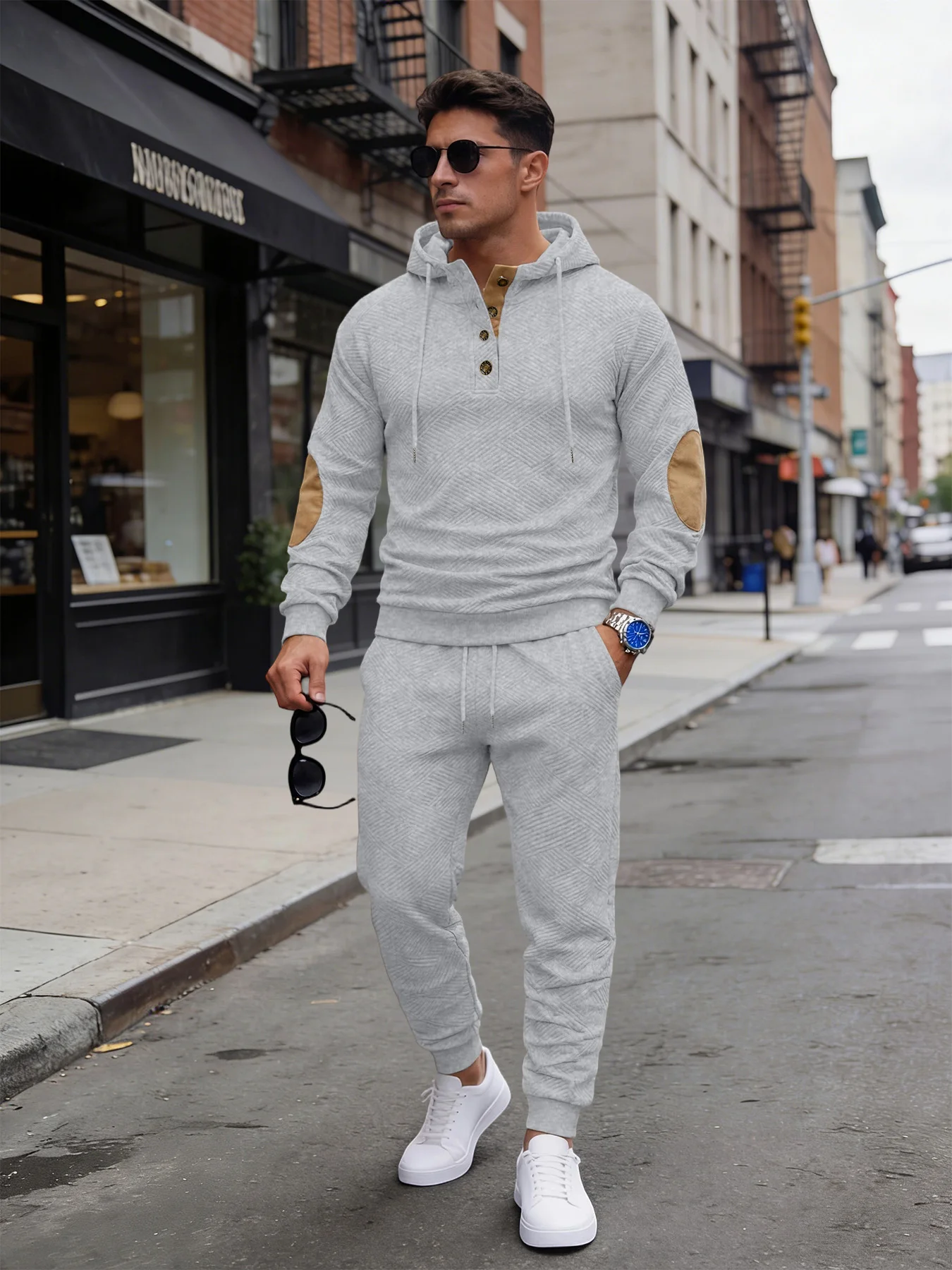 Conjunto Deportivo de 2 Piezas para Hombre, Sudadera con Capucha Texturizada y Pantalones Deportivos con Parches en los Codos, Manga Larga, Estilo Vintage Informal para Otoño e Invierno