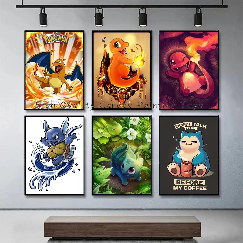 Pokemon Snorlax Pikachu Charizard Peripheral Drink Coffee Poster Vintage Anime Canvas Painting Art Wall for Kids Bedroom Decor