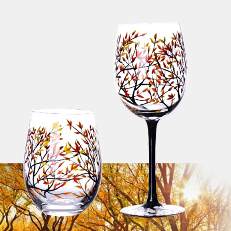 Four Seasons Tree Wine Glasses Hand Painted High Legged Glass Cup For Wine Beer Cocktail Large Capacity Cup Colored Wine Glasses