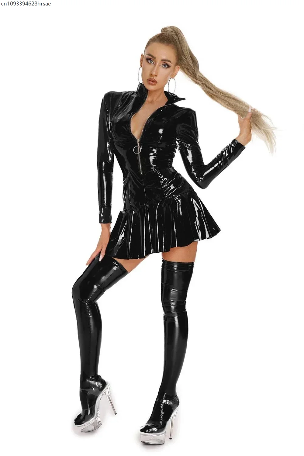 

Shiny PVC Leather Bodycon Short Dress Women Zip Up Turtleneck Dress Stage Nightclub Performance Costume Erotic Lingerie