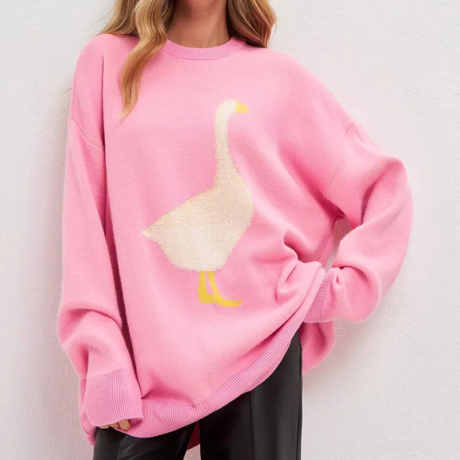 

Pink Green Blue Carton Round Neck Long Sweater 006