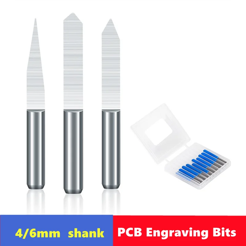 10pcs 10 °~90 ° V-shaped milling cutter 4mm/6mm shank 0.1mm 0.2mm 0.3mm alloy PCB engraving drill bit CNC engraving tool