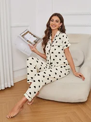 Heart Print Textured Pajama Set Casual Short Sleeve Buttons Lapel Top & Elastic Pants Women's Sleepwear