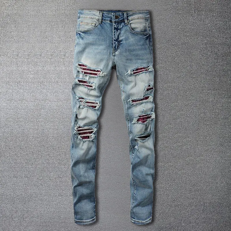 

Hip Hop Trousers For Men Contrasting Rhinestone Stitching Patchwork Ripped Hole Design Stretchy Jean Pantalon Vaqueros Hombre