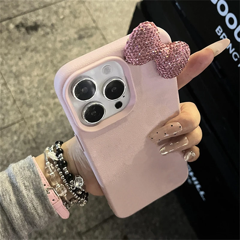 Luxuriöse Diamant-Schleife Lychee-Muster Niedliche Handyhülle für iPhone 16 15 14 13 Hüllen 12 11 17 Pro Max 8 XS Plus Weiche Stoßfeste Schutzhülle – Detail 2