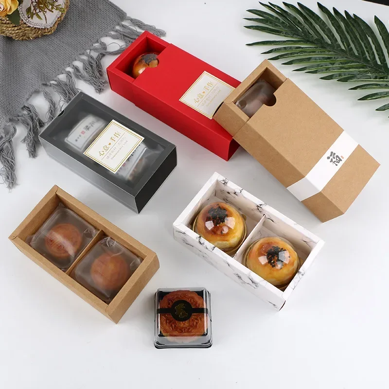 10Pcs 2 Grid Mooncake Boxes Clear Window Cardboard Gift Box Egg Yolk Crisp Cookies Candy Cake Box Birthday Christmas Party Favor