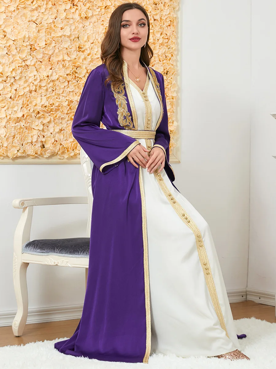 Imagem -04 - Vestido Abaya Muçulmano para Mulheres Marrocos Kaftan Eid Ramadan Dubai Abayas Maxi Robe Conjunto de Peças 2023