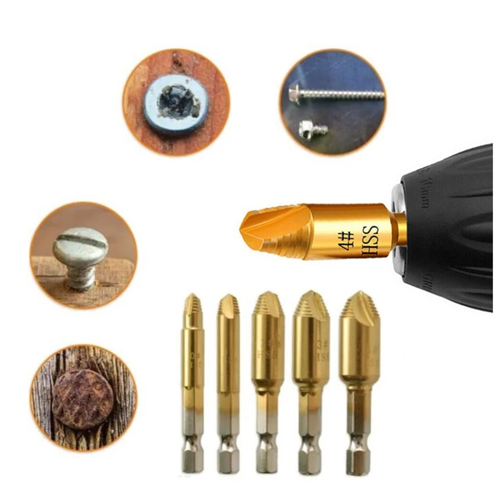 5pcs Damaged Screw Extractor Hexagonal Shank Broken Head Screw Extractor Screwdriver For Taking Out Electric Drill Power Tool