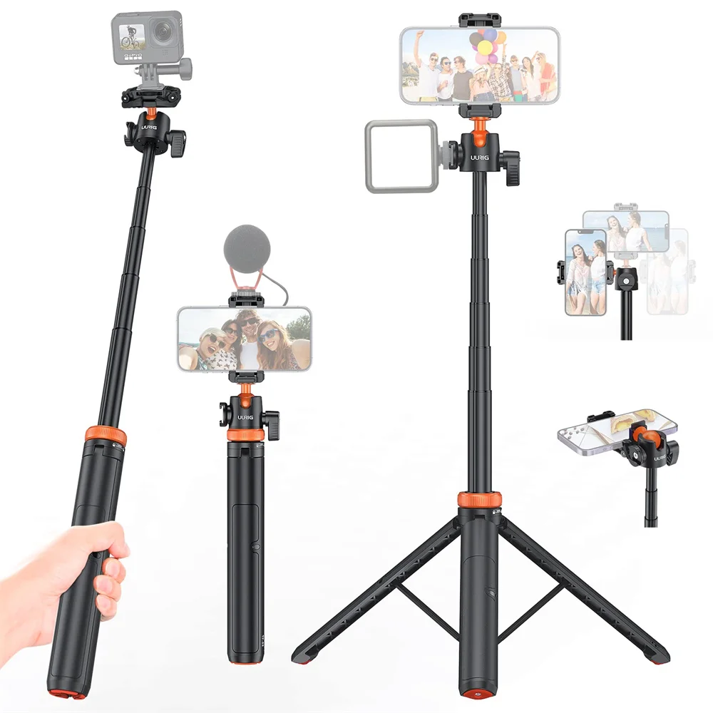 UURig 52 inch Camera Phone Tripod Extendable Selfie Stick Tripod with 360 Ball Head 2in1 Phone Clip for iPhone Sony Canon GoPro