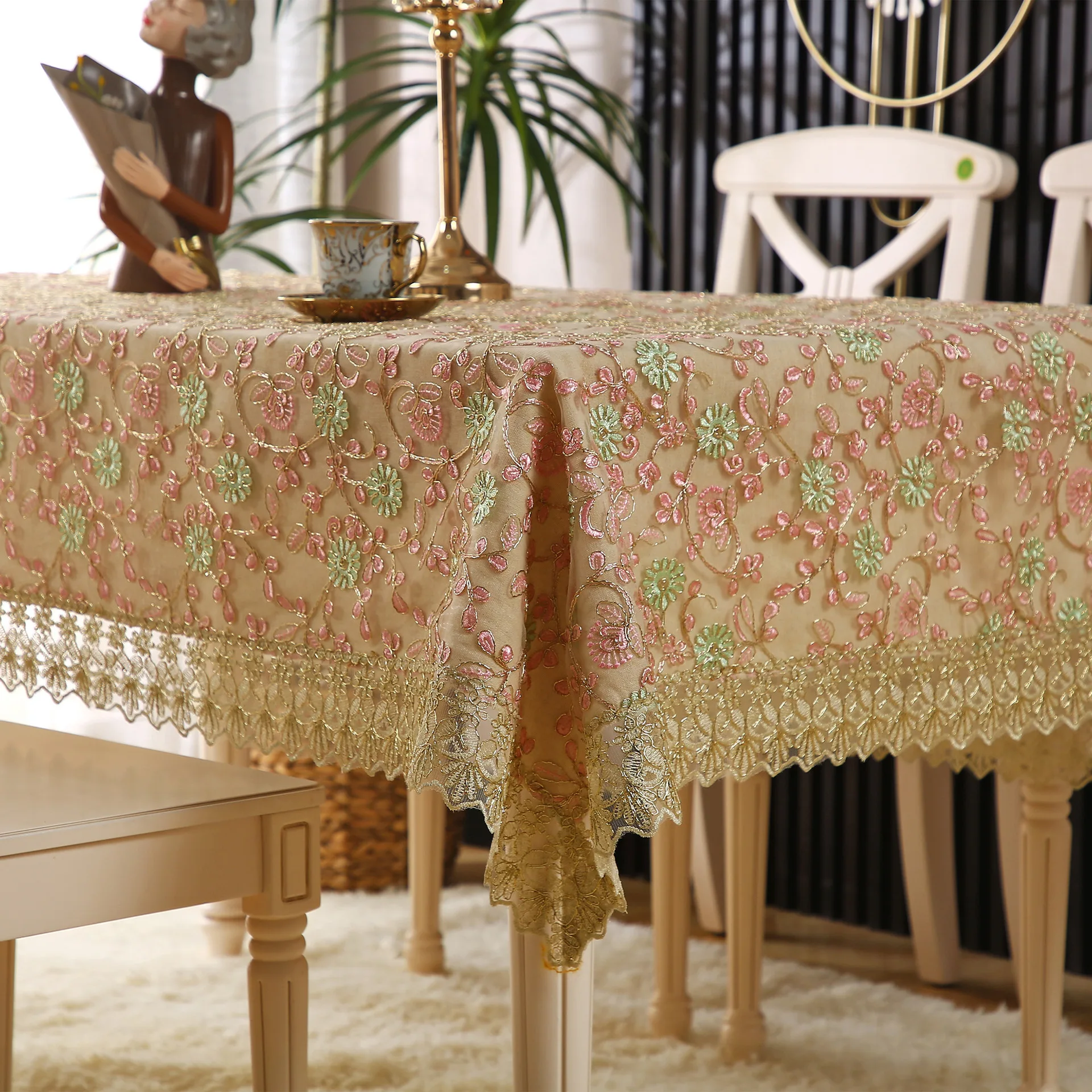 

Luxury Champagne Embroidered TableclothTable Cover, Table Cloth for Wedding Party, Dining Banquet, Household Decoration