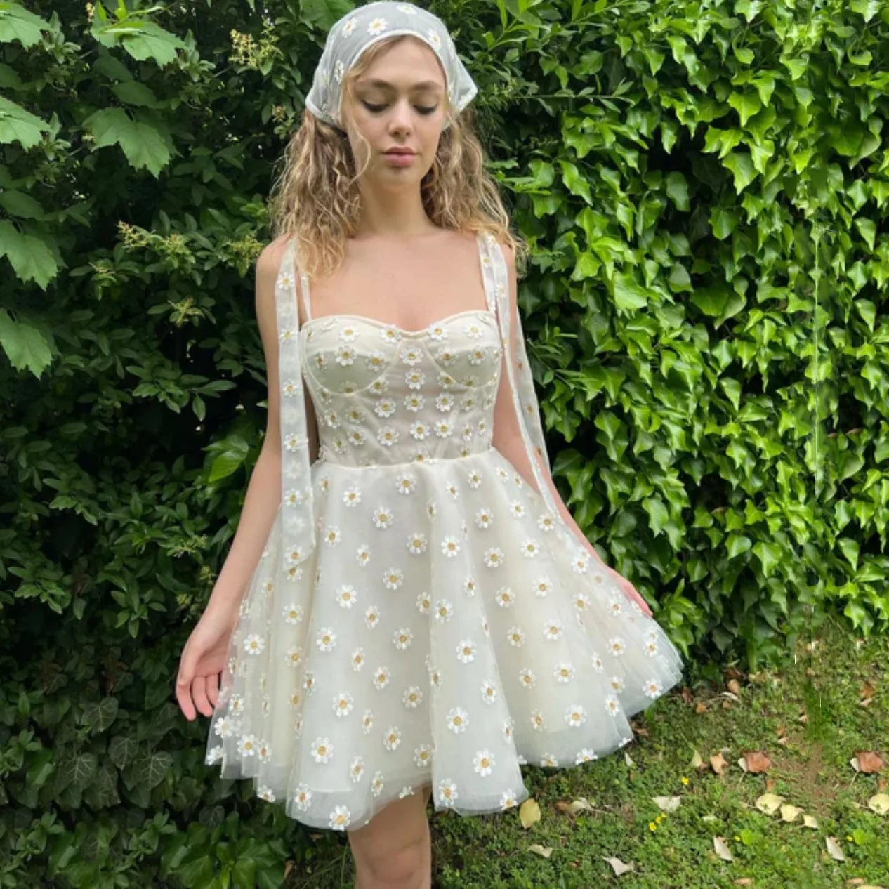 

Sweetheart Women Dress Off White Homecoming Dress Short Sleeve Daisy Mini Dress Summer Tulle Dress Elegant Ever Pretty Gown