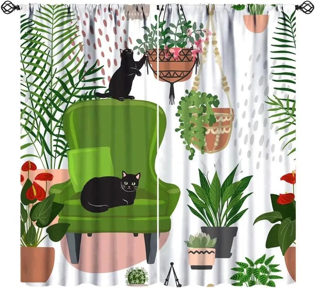 Potted Plant Curtains, Greenhouse Tropical Green Plant Modern Succulent Cactus Leaves Boho Black Cat Window Curtains for Kitchen