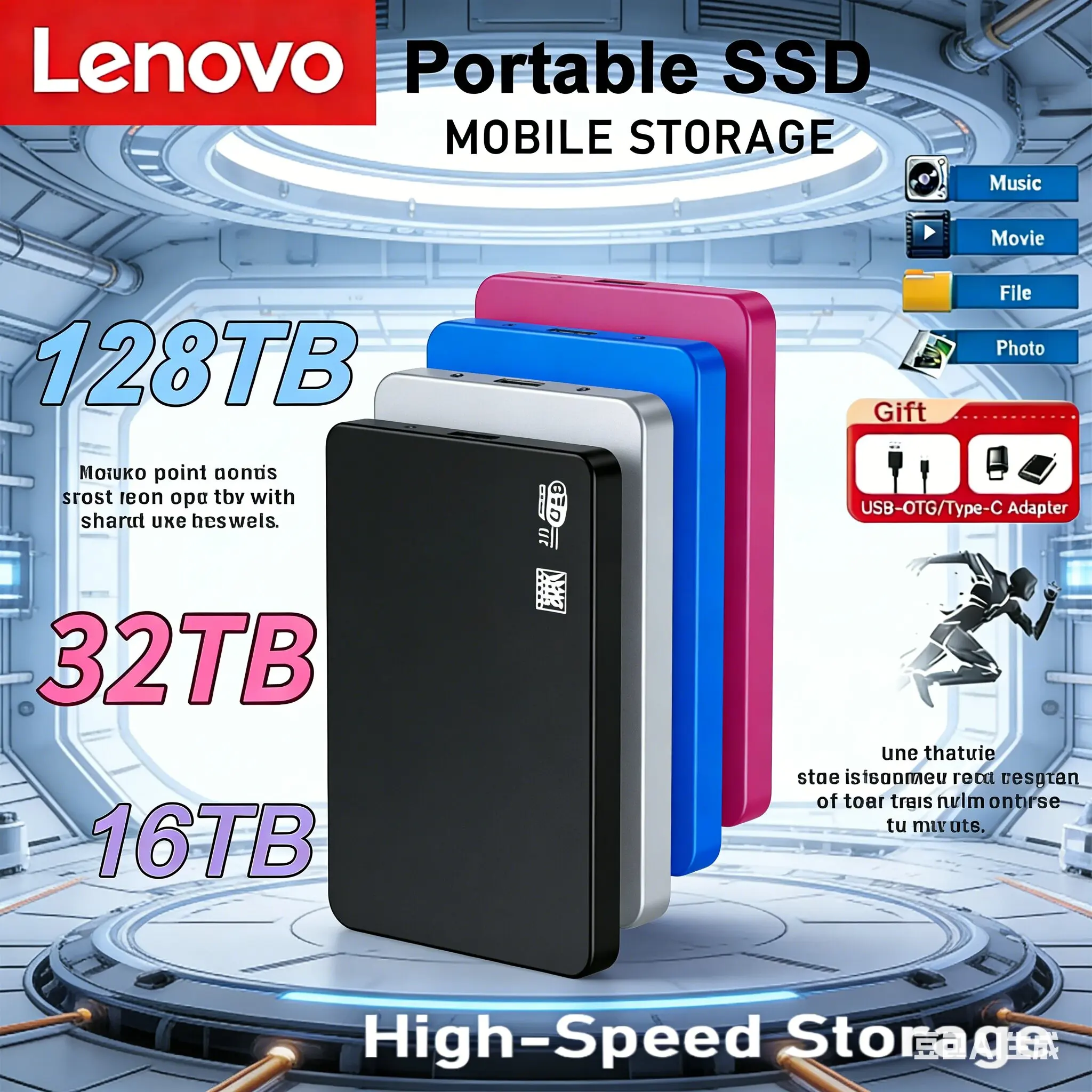 

Внешний корпус для SSD-накопителя Lenovo 128 ТБ (2026 г.) с USB 3.0, высокоскоростной, из ABS-пластика, с кабелем USB 3.0