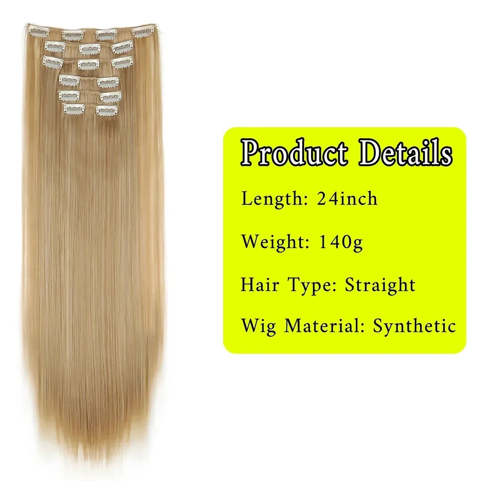 Extensiones de Cabello Negro de 24 Pulgadas/60cm, 6 Piezas por Set, Cabello Largo Liso Sintético para Cabeza Completa con 16 Clips, Fibra Resistente al Calor Ombre 3