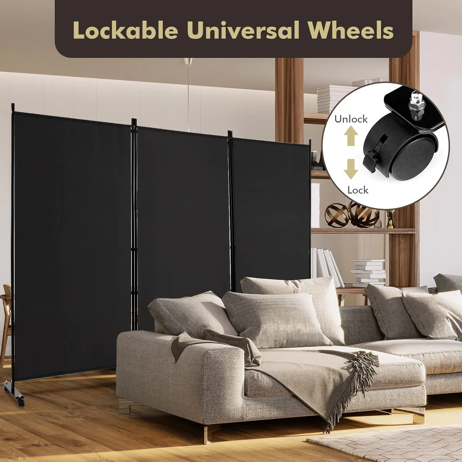 3 Panel Room Divider with Wheels, 103''W x 71''H Folding Privacy Screen, Rolling Partition Room Dividers for Home Office Studio