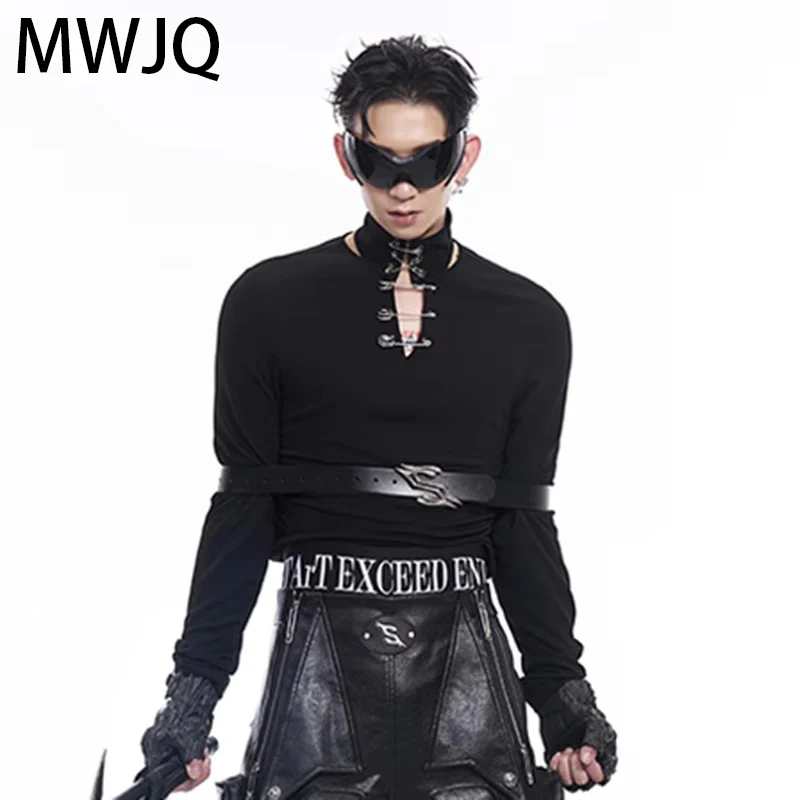 

MWJQ Convertible Collar Male T-shirt Pin Design Fashion Warmth 2025 Spring New Long Sleeve Men's Tops Solid Color Slim 010091