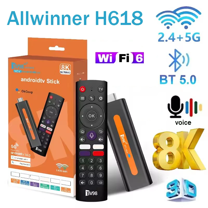 TV98 ATV H618 Smart TV Stick Android 14 BT5.0 ATV Allwinner H618 Quad Core 4G 5G Dual Wifi 6 HD 8K 4K Media Player TV Stick iptv