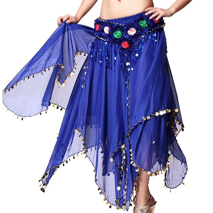 Women Dance Wear Indian Dance Carnival Skirts Belly Dance Petal Skirt with Sequin Trim Gold Coins Classic Chiffon Skirt