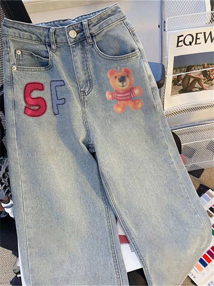 Dżinsy retro z motywem niedźwiedzia, luźny krój, wysoki stan, proste nogawki, jasnoniebieskie, letnie, modne, amerykańska marka, szerokie nogawki, efekt wyszczuplający.