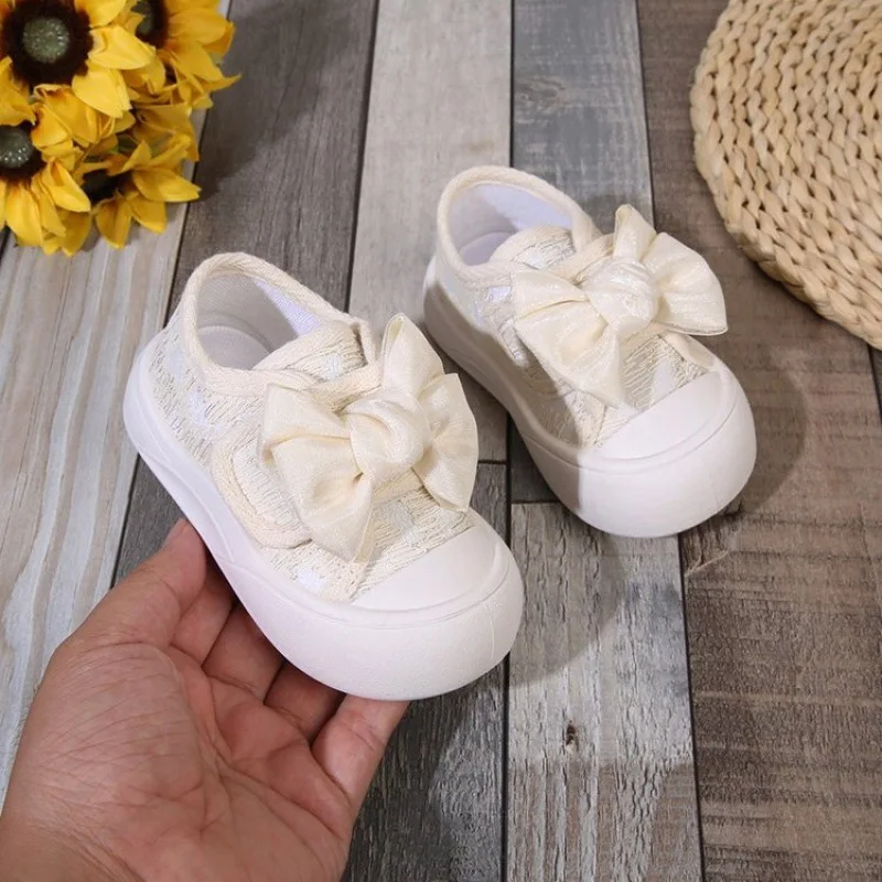 New 2024 Autumn Children Soft Soled Canvas Shoes Girls Fashion Bowknot Board Shoe Sweet Kids Toddler Non-slip Casual Flat Shoes