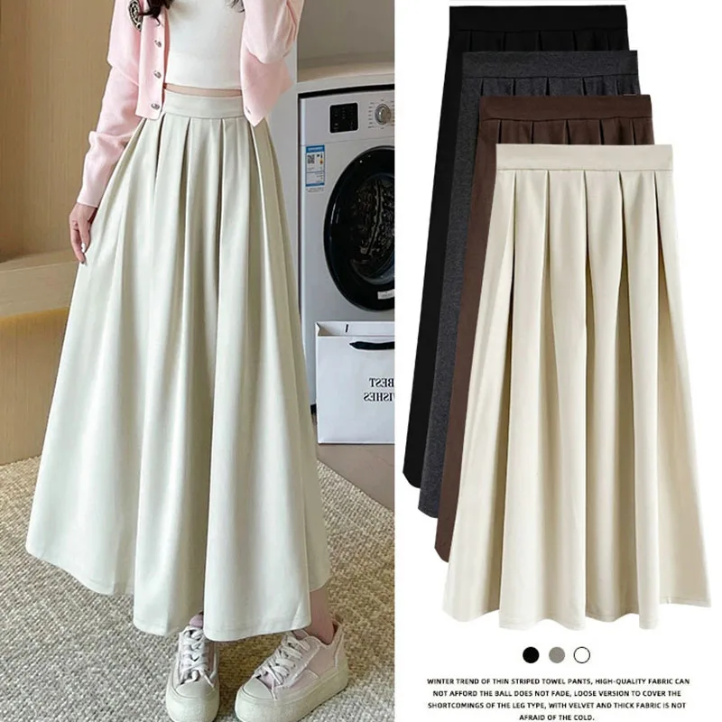 Autumn Winter Woolen Pleated Skirt Female Vintage Preppy Style High Waist A-Line Skirts Streetwear Swing Long Skirt Daily Casual