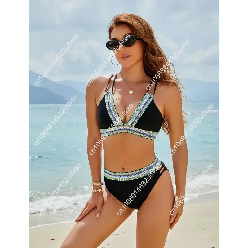 Blooming Jelly Womens High Waisted Bikini Sets Color Block Two Piece Swimsuit V Neck Crisscross Back Bathing Suit view 4