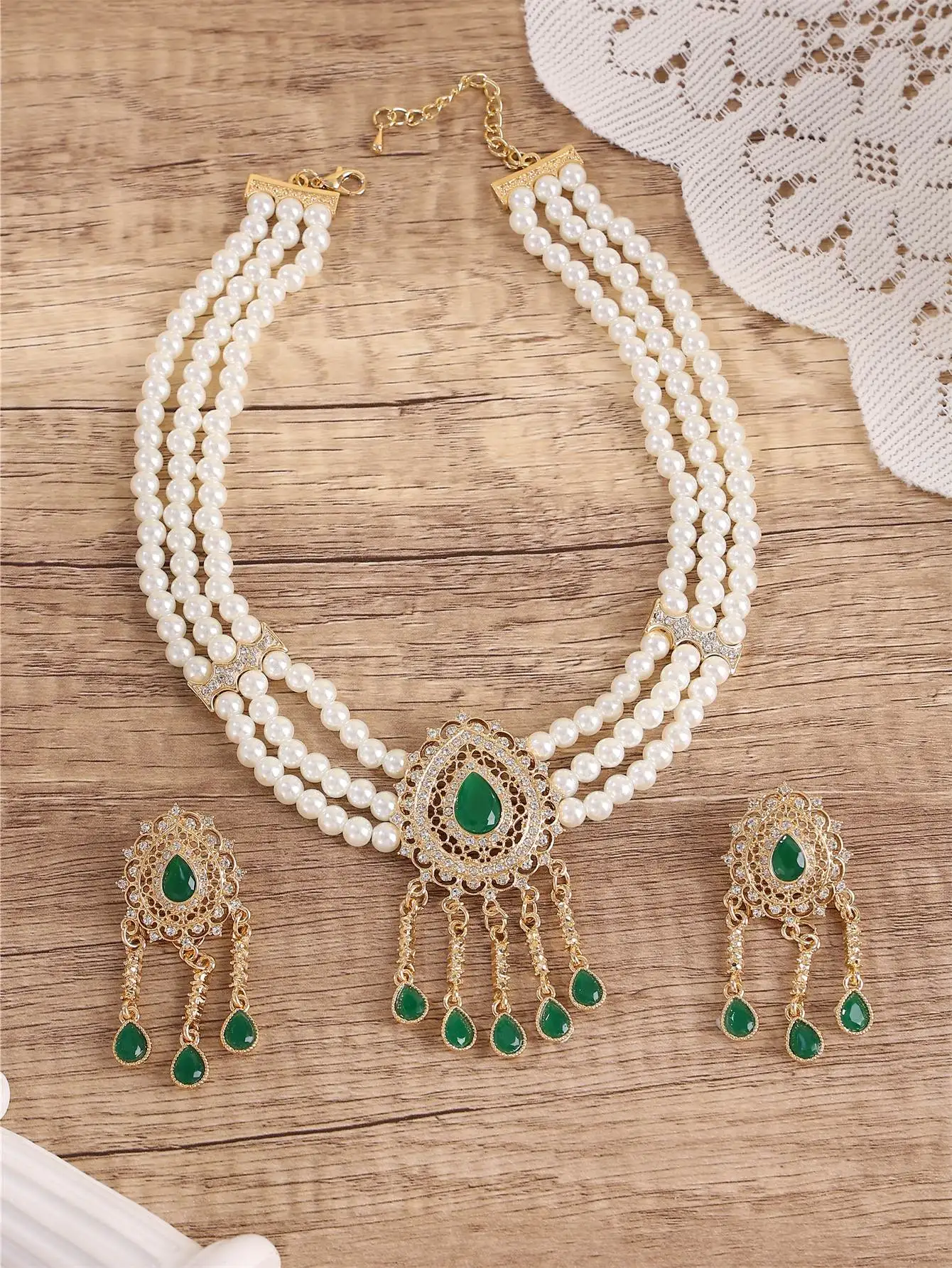 Gold Color Morocco Choker Sets For Women Handmade Pearl Necklace Bride Wedding Jewelry Water Drop Pendant Chain Long Earring Set