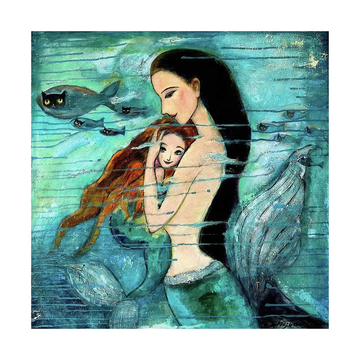 Fish Girl Canvas Painting Frameless Oil Drawing Picture Bedroom Decorative Wall Painting,60x60cm