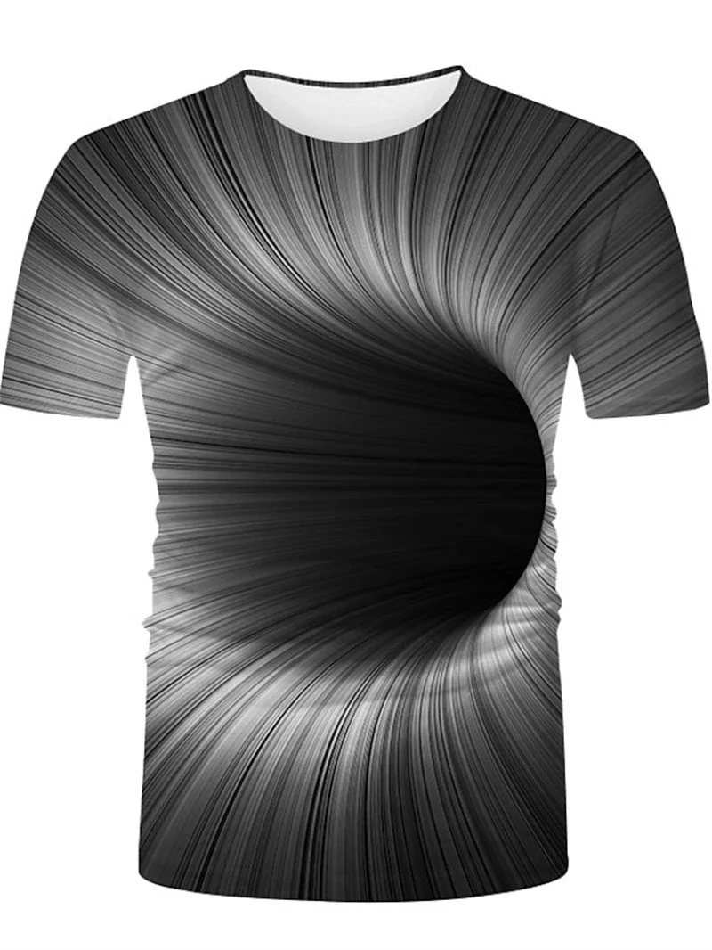 Men‘s Black White 3D Vortex Optical Illusion Print T-Shirt Abstract Graphic Crew Neck Short Sleeve Streetwear Tops