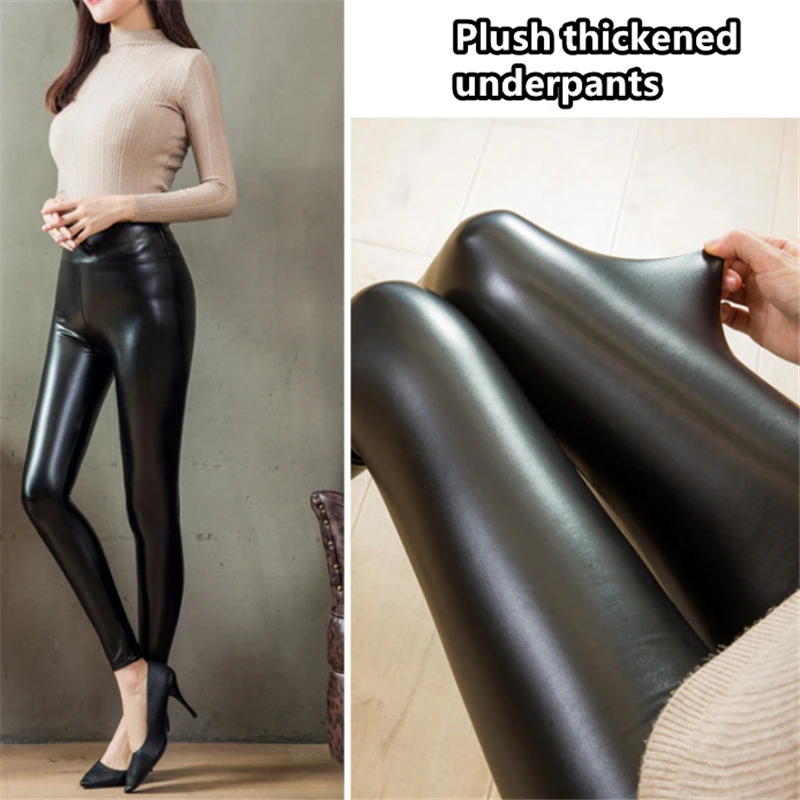 Warm Pu Leggings Women Leather Pantalones High Waist Thermal Tights Stretchy Pants Winter Fleece Lined Black Trousers Jeggings