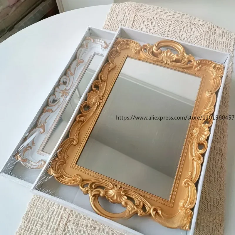 French Retro White Embossed Mirror Tray Living Room Table Tea Tray Minimalist Cosmetics Jewelry Storage Tray Wedding Decoration
