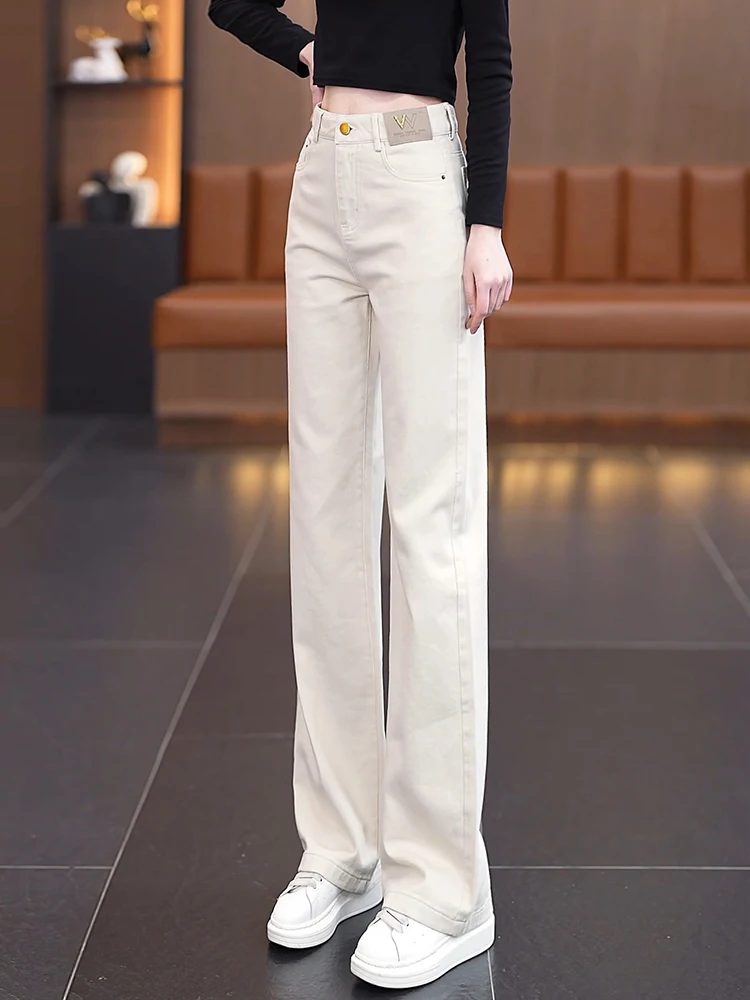

Мягкие хлопковые джинсы прямого кроя для женщин, повседневные брюки с высокой талией, весенне-осенний новый стиль, однотонные широкие брюки