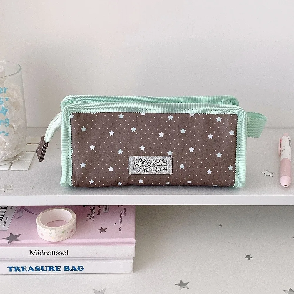 Cute Large Capacity Pen Bag Transparent Window Polka Dot Pencil Case Star Print Multi-Layer Stationery Bag Students