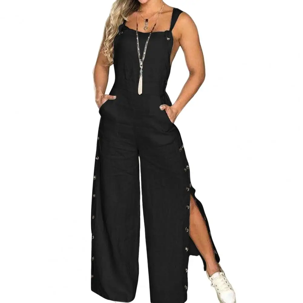 Women Sleeveless Wide Leg Jumpsuit With Side Pockets Loose Straight-Leg Romper Women Summer Outfit