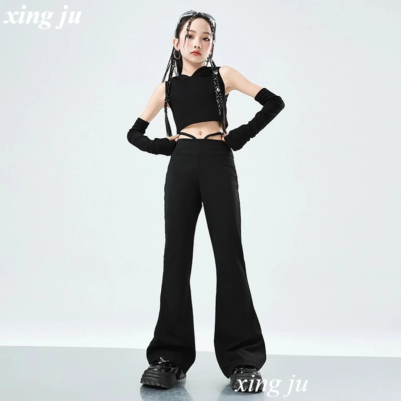 Girl Black Tight Flared Trousers Jazz Costume Children Street Dance Hip Hop Hooded Short Vest Kids Stage Performance Show Sets