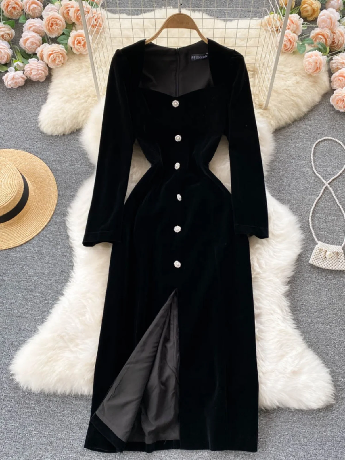 

Hebe Sle Velvet Long Skirt High Waist Slim Fit Midi Dr Korean Sle Square Collar Split A-Line Dr Autumn Winter Women...