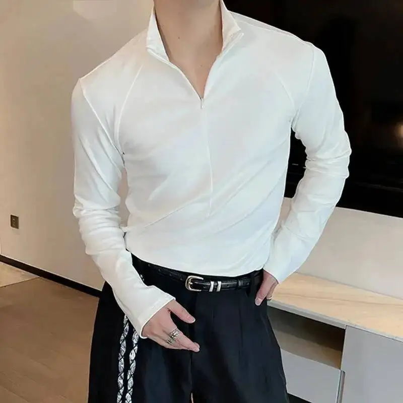 Autumn Men's T-shirts Stand Collar Half Zipper Patchwork Solid Color Tees Long Sleeved Pullover Male Tops Simple 93YCZ