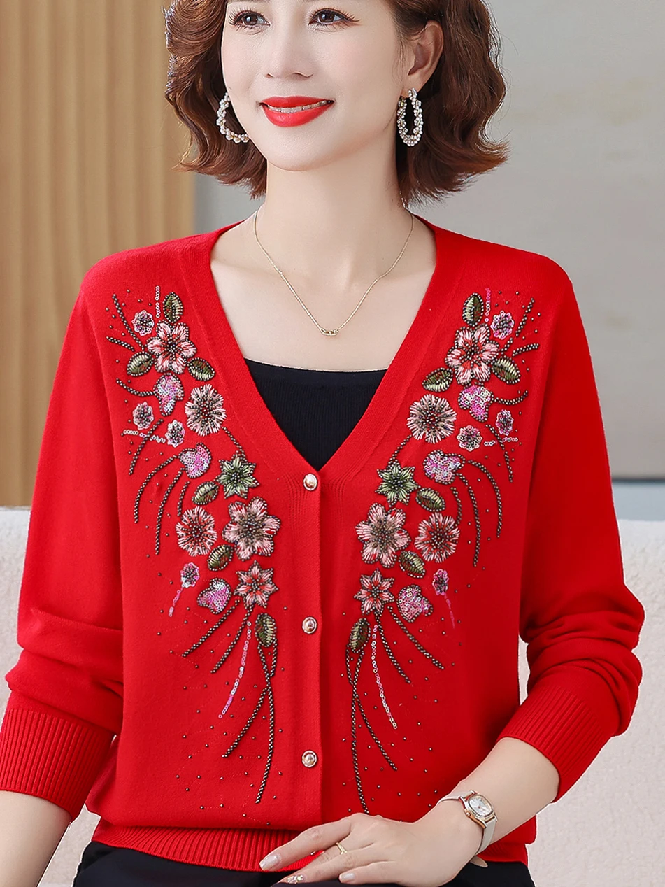 

Весенне-осенний новый вязаный открытый кардиган с v-образным вырезом и блестками, свитер Mommy Faion, топ для женщин среднего возраста