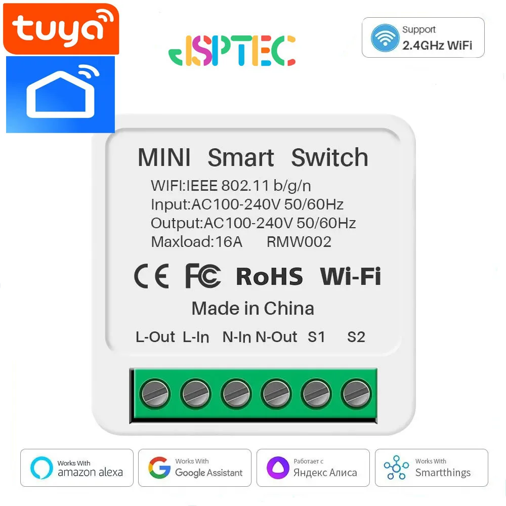 JSPTEC 16A tuya Wifi Switch Mini Smart 2-Way DIY Switches Circuit Breaker Timer Module Support Alexa Google Home Alice Smart