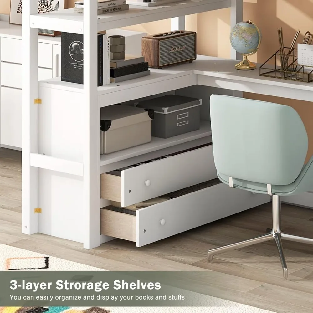سرير علوي مزدوج مع سلالم ومكتب، سرير علوي من الخشب الصلب مع سلالم تخزين، إطار سرير مرتفع للدرج مع خطوة تخزين #3